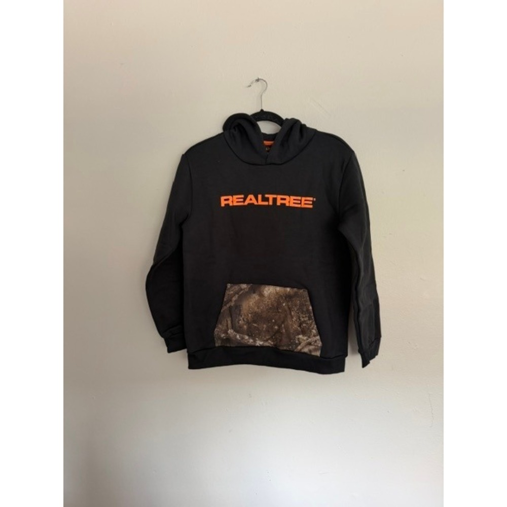 Realtree Boys Black Orange Logo Camo Pocket Fleece Hoodie Size L 14/16 NWT